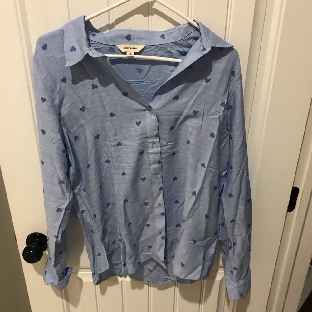 Lucky Brand Light Blue Button-Down Shirt with Navy Heart Print